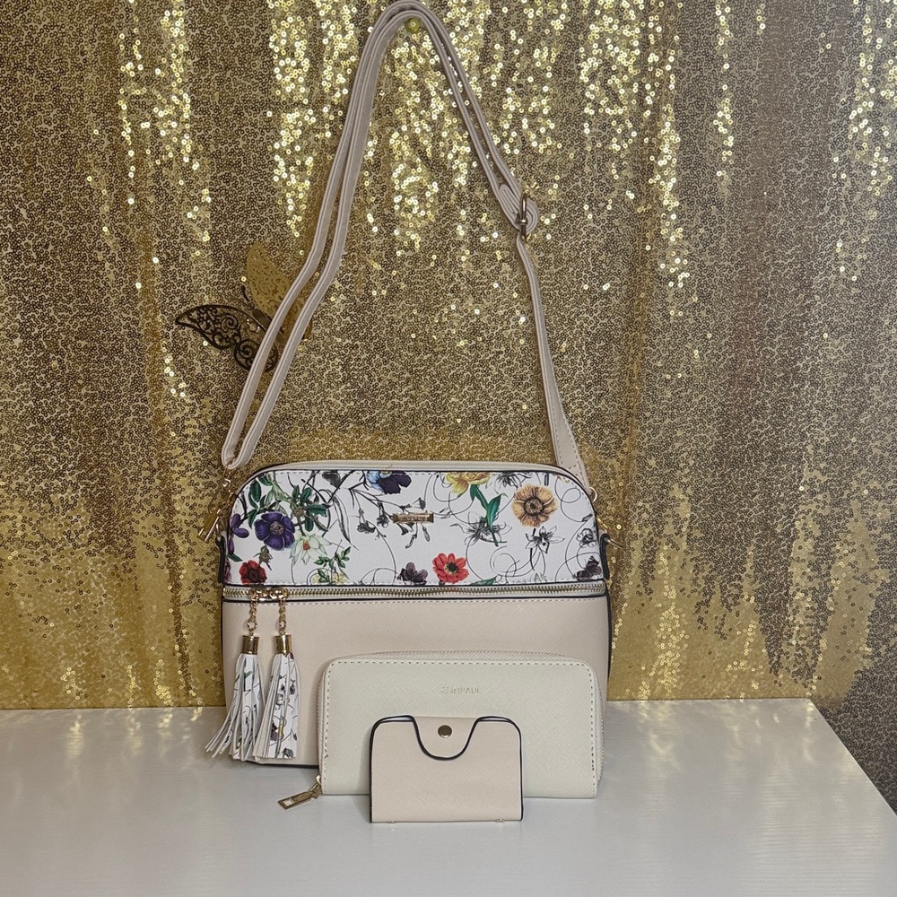 Floral Accent Cream Crossbody Bag Set - Includes Wallet & Cardholder